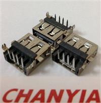 USB-AF母座插板破板式90度后双鱼叉脚下沉4.9/3.9/3.5mm前贴后插