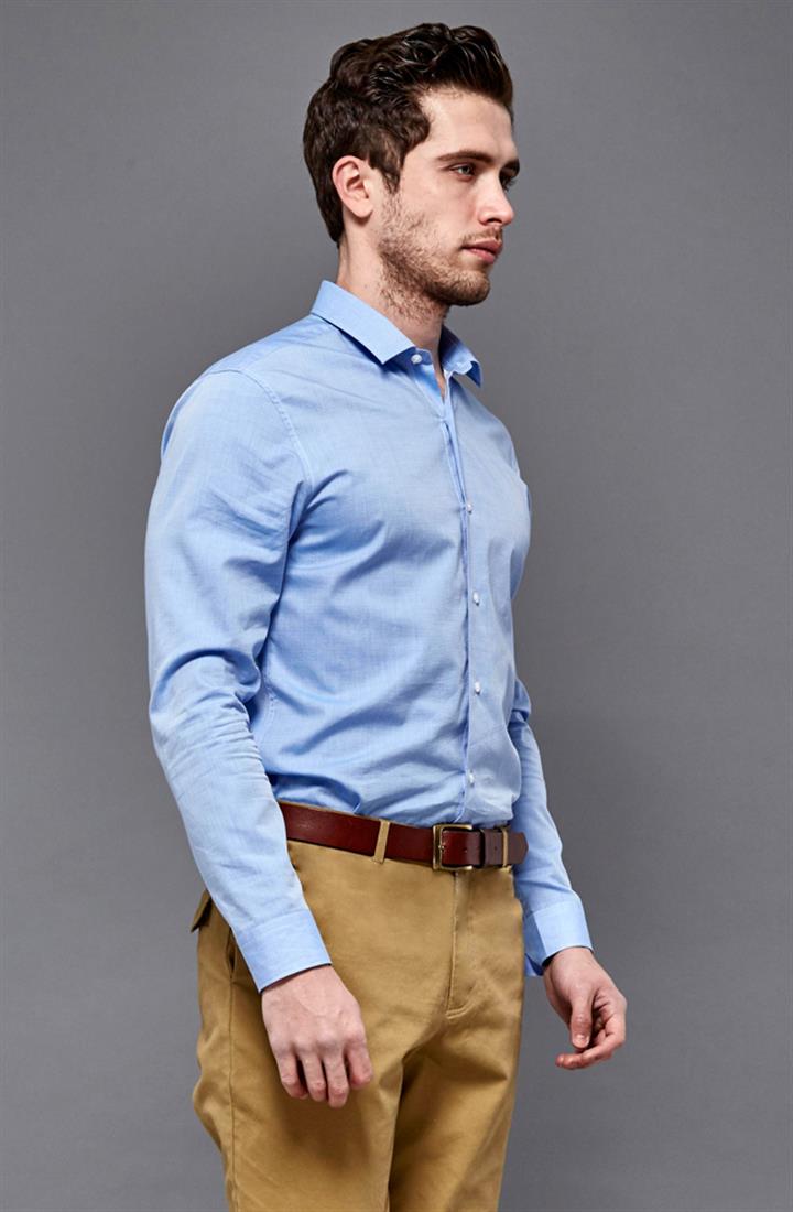 天蓝色提花纯棉小方领衬衫