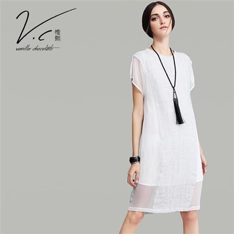 惟熙欧美新款女装中长款拼接亚麻连衣裙2016夏圆领短袖宽松腰裙子